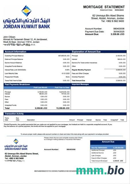 Jordania Bank Kuwejcki wyciąg z kredytu hipotecznego szablon Word i PDF